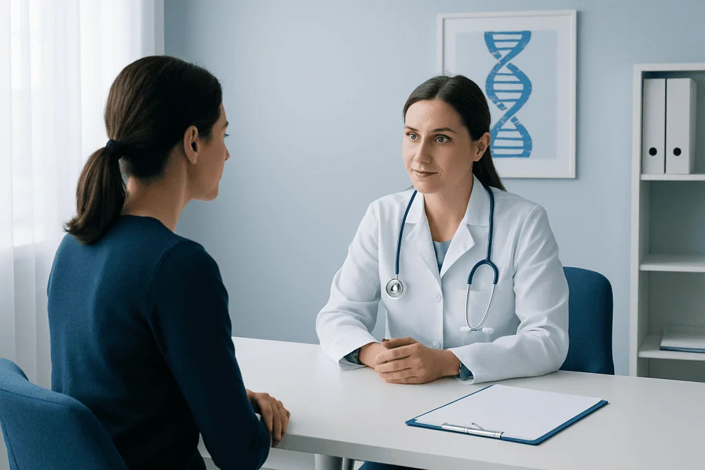 Doctor consulting with patient in a modern medical office.