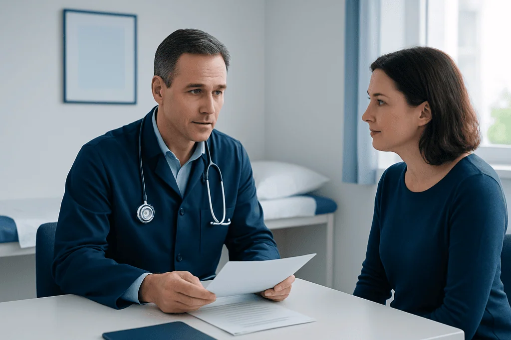 Doctor discussing treatment options with a female patient in a consultation room.