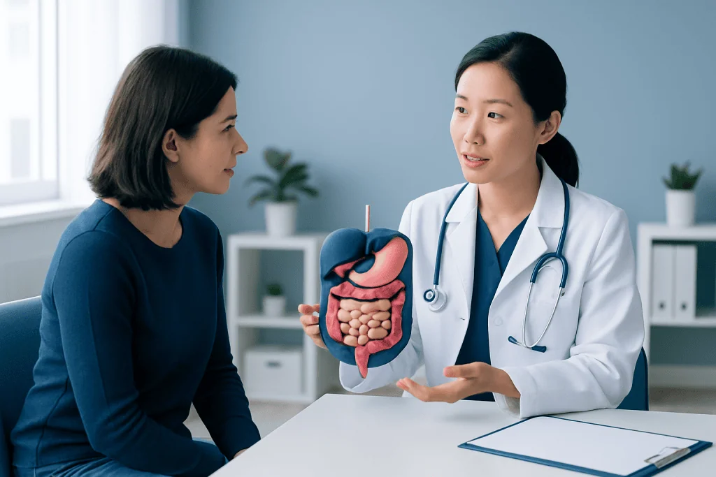 Doctor explaining digestive system to patient with model of intestines.