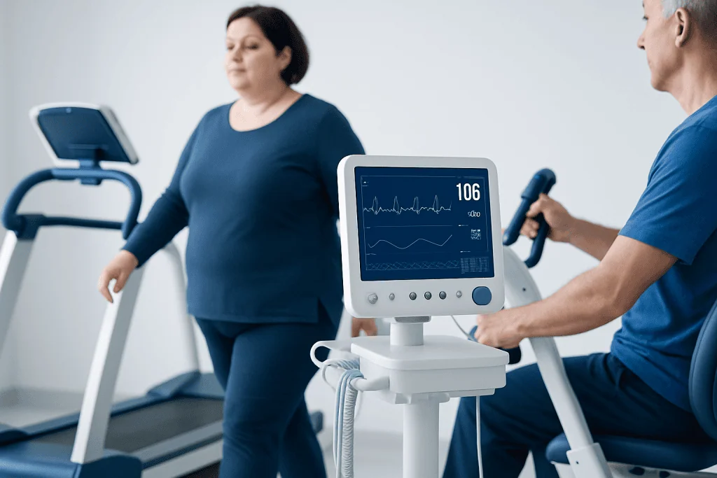 Patient undergoing exercise test with medical staff monitoring vital signs.