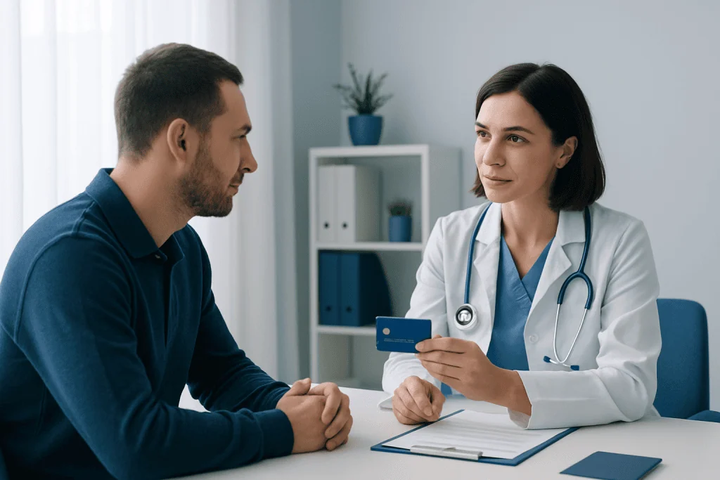 Doctor explaining payment options to patient in a medical consultation.