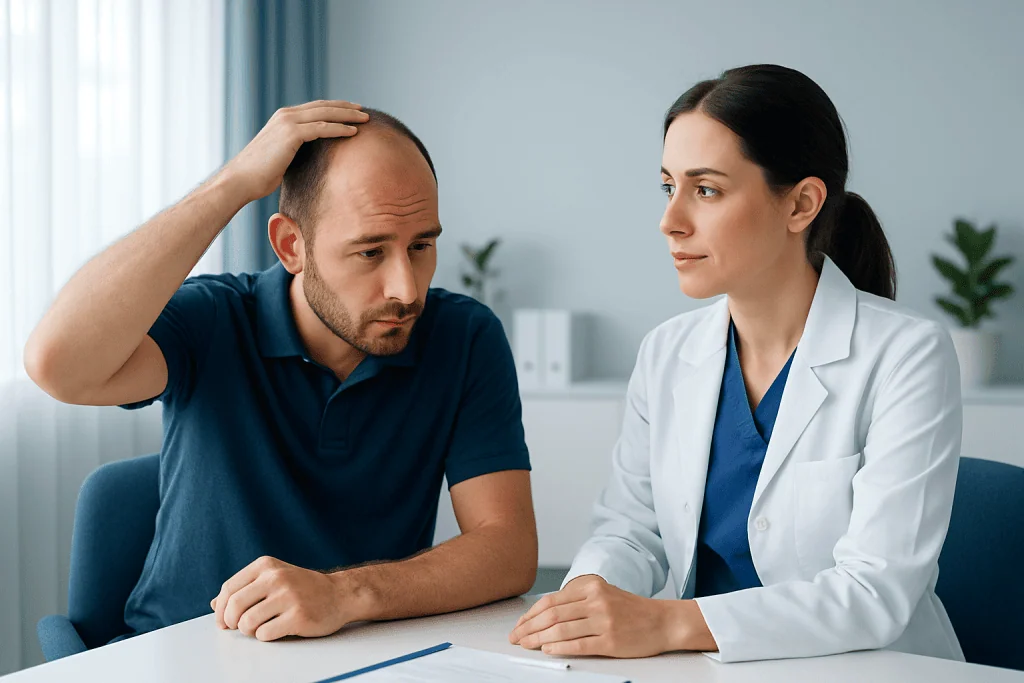 Patient discussing hair transplant recovery with doctor in consultation room.