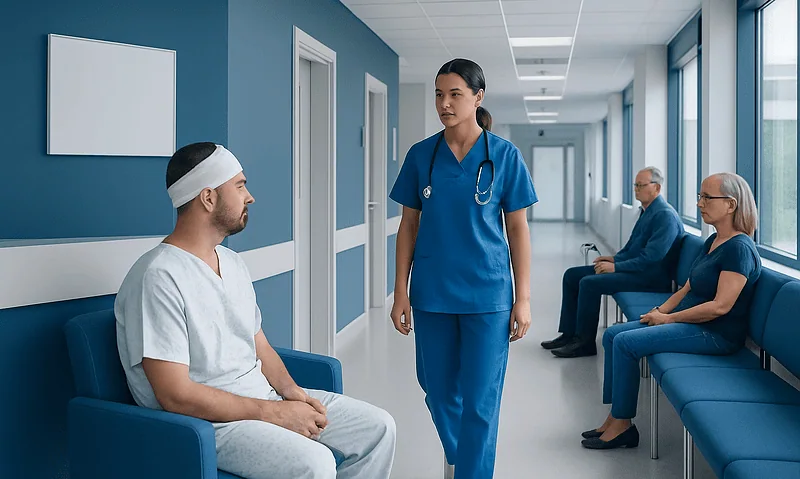 Patient talking to nurse in hospital corridor after surgery in Turkey.