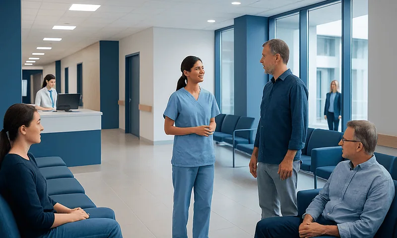 Hospital waiting area with medical staff and patients in Turkey.