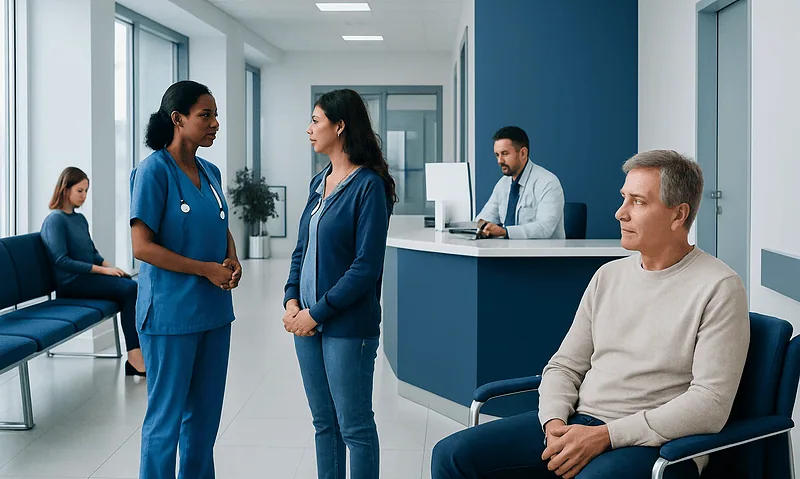 Hospital waiting area with medical staff and patient in Turkey.