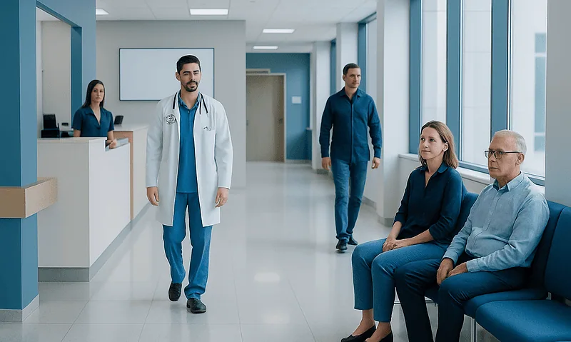 Medical staff and patients in a modern hospital corridor in Turkey.