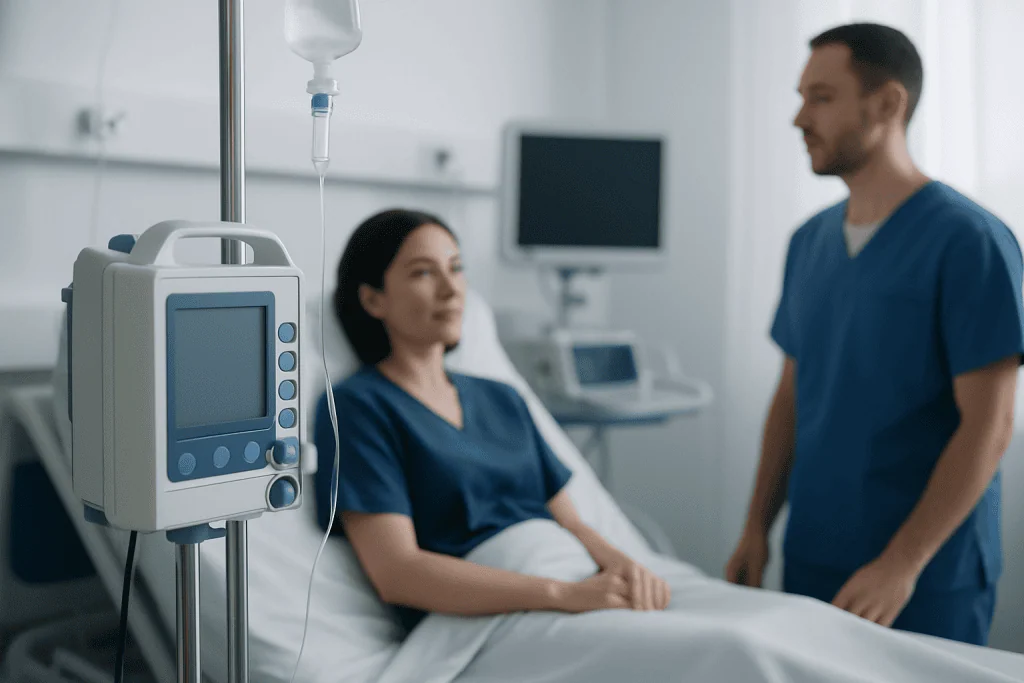 Hospital patient receiving IV therapy in a clinical setting.