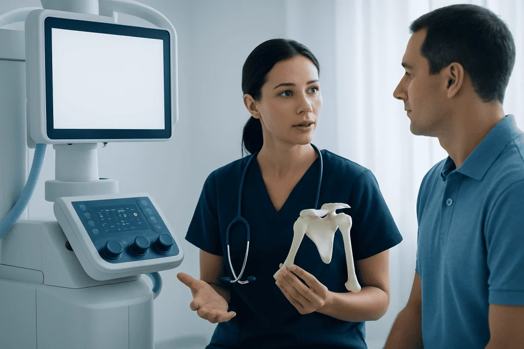 Medical professional explains shoulder joint anatomy to patient using a model.
