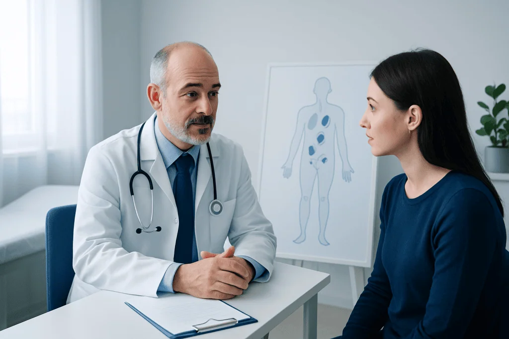 Doctor consulting with a patient in a medical office with a diagram of the human body.