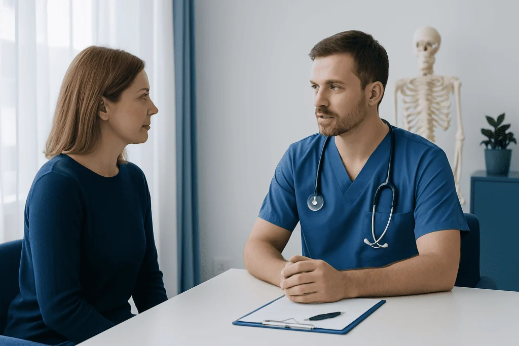 Doctor consulting a female patient in a medical office.
