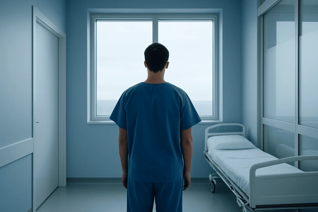 The Treatment Advances Transforming Robotic Gait Therapy Using Evidence Based Medicine 1 Male patient in hospital room looking out window with bed nearby.