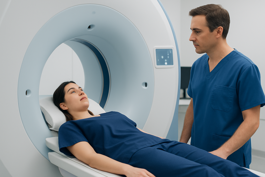 Patient undergoing a CT scan at Acibadem Hospital for diagnostic imaging.