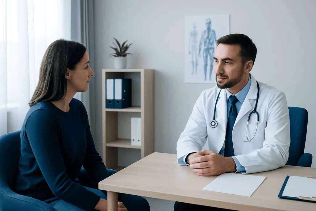Doctor consulting with a female patient in a modern clinic setting.