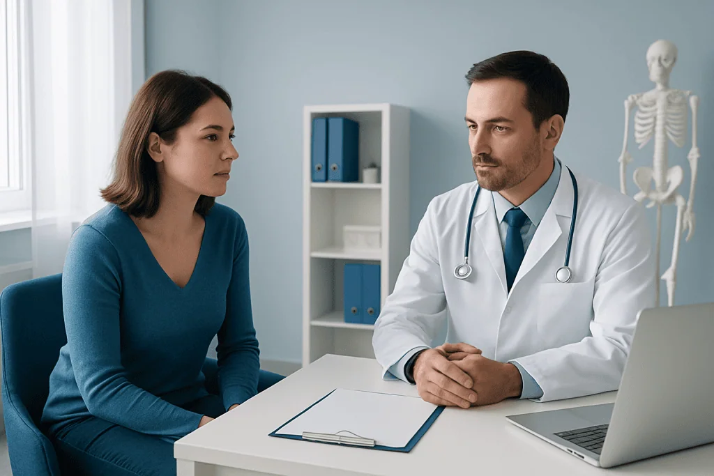 Doctor consulting with a female patient in a medical office setting.