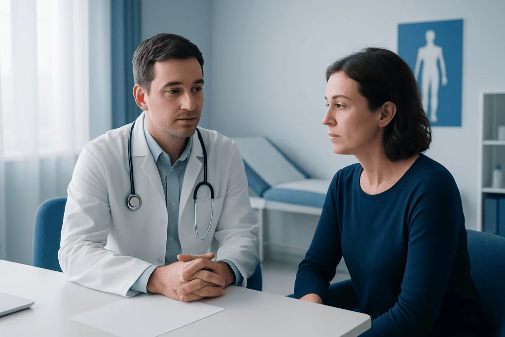Doctor consulting a patient in a medical office setting.