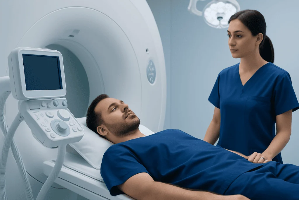 Patient undergoing MRI scan at Acibadem Hospital in Turkey.