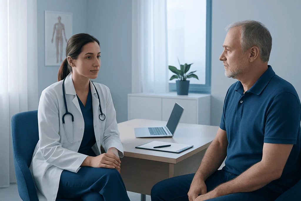 Doctor consulting with a male patient in a modern hospital room.