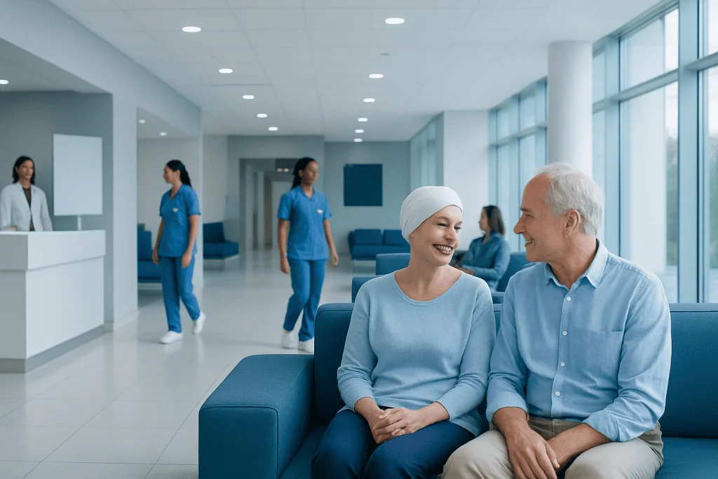 Recovering Between Multi-Stage Treatments in Turkey: Hotel Stay Guide 1 Happy patient and doctor chatting in hospital waiting area.
