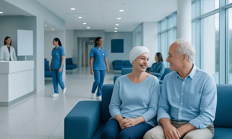 Happy patient and doctor chatting in hospital waiting area.
