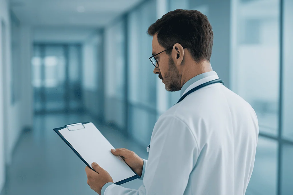 Thyroid Cancer Treatment in Turkey: Types, Symptoms, and Diagnosis 1 Doctor reviewing patient information in a hospital corridor.