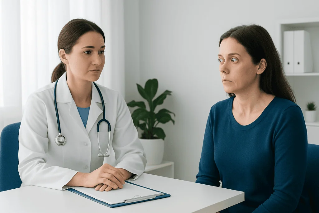 Doctor consulting with a patient about Graves' Disease symptoms.