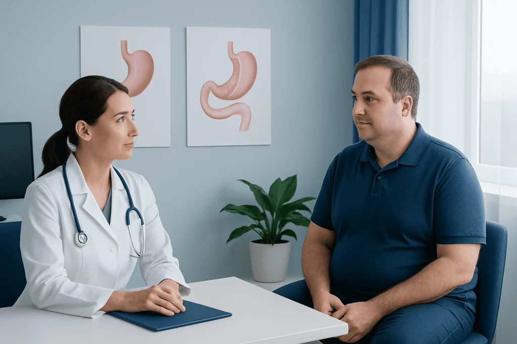 Doctor consulting with patient about stomach health and weight loss options.