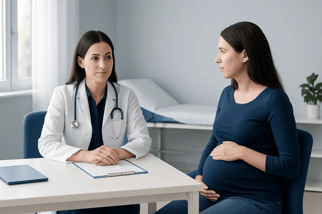 Doctor consulting pregnant woman in a medical office.