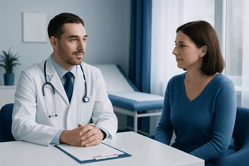 Doctor consulting with a female patient in a modern hospital room.