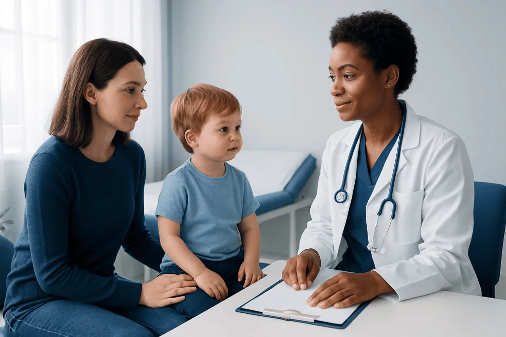 Pediatric checkup at Acibadem Hospital with doctor and mother.