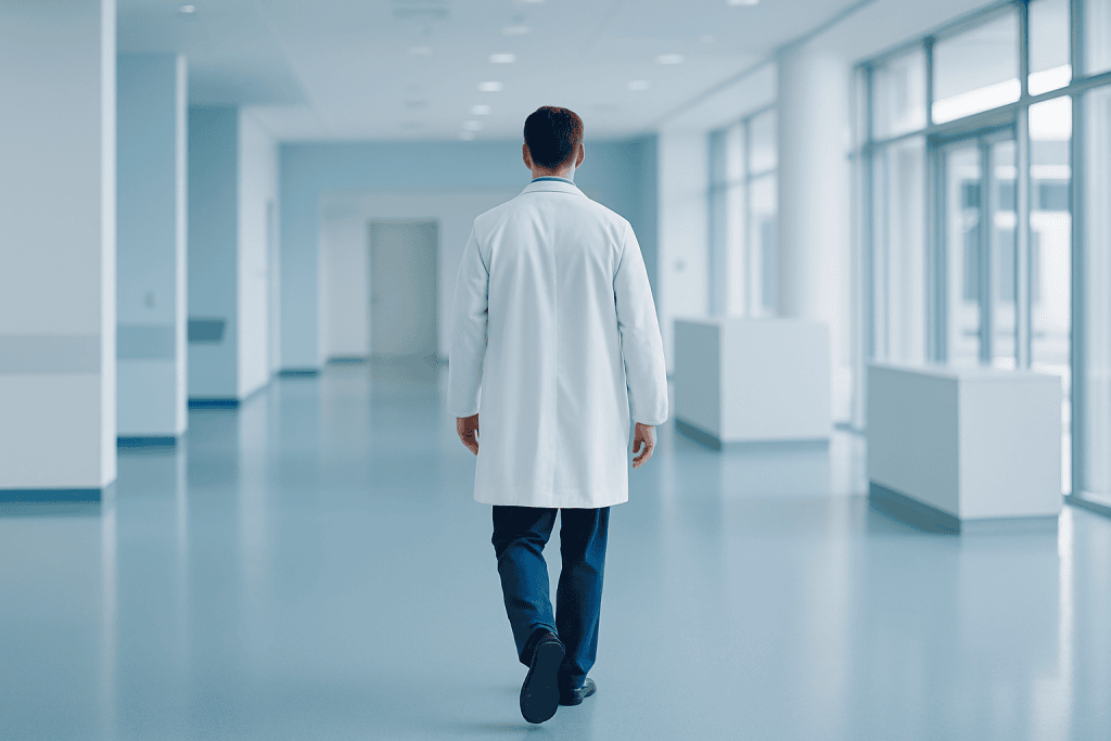 Tom Cruise Plastic Surgery and Surgeon Analysis of His Ageless Face: The 2026 Standard 1 Doctor walking in a modern hospital corridor with large windows.