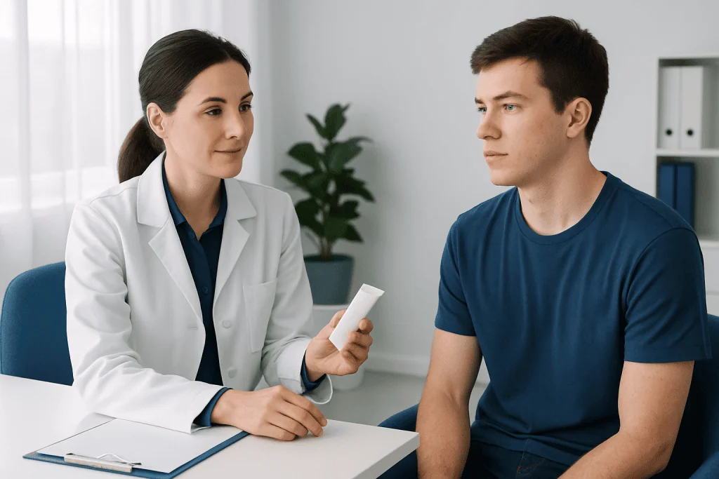 Doctor consulting with a young male patient in a medical office.