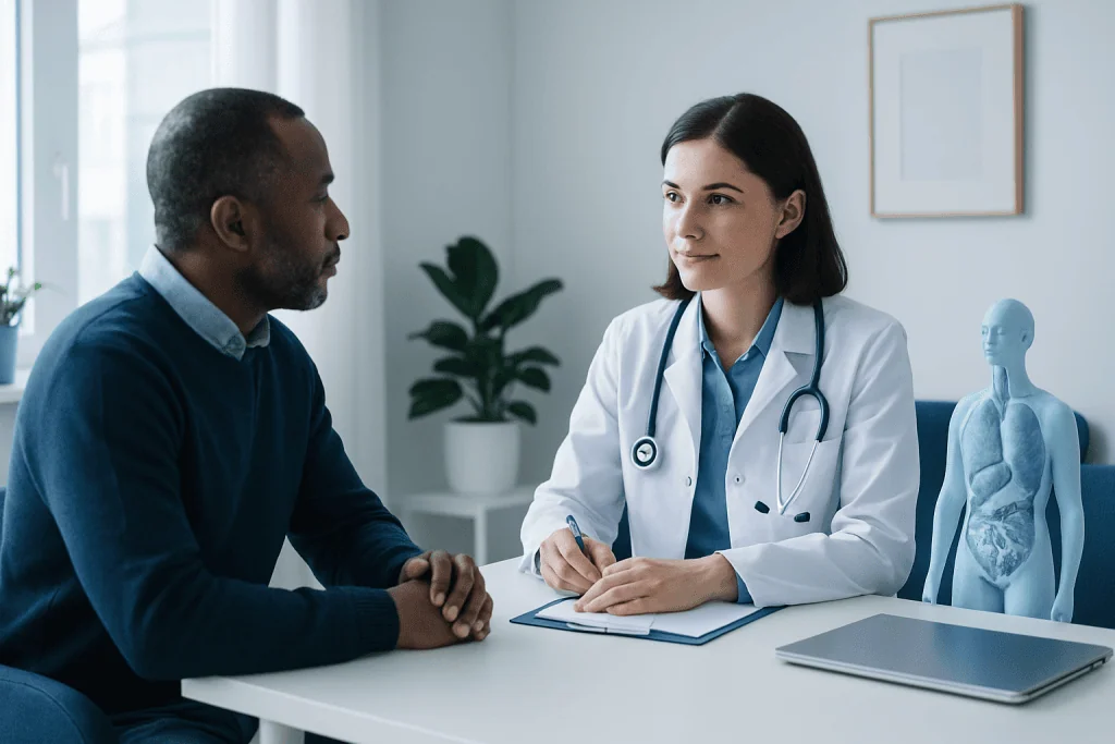 Doctor consulting with a patient in a modern medical office.