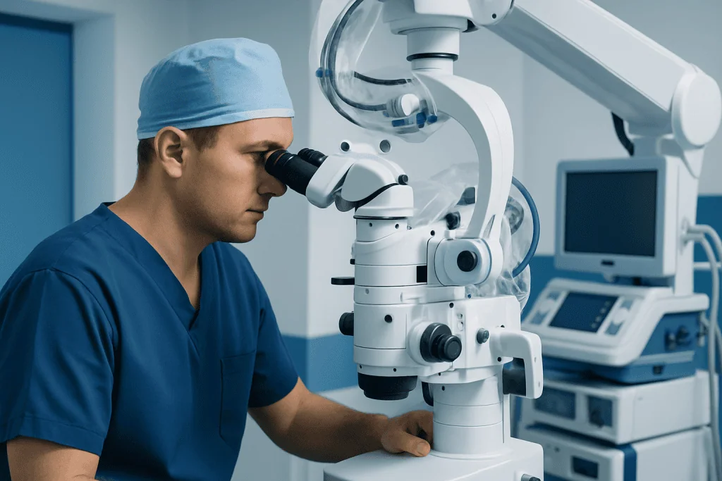Surgeon using a microscope in a modern hospital operating room.