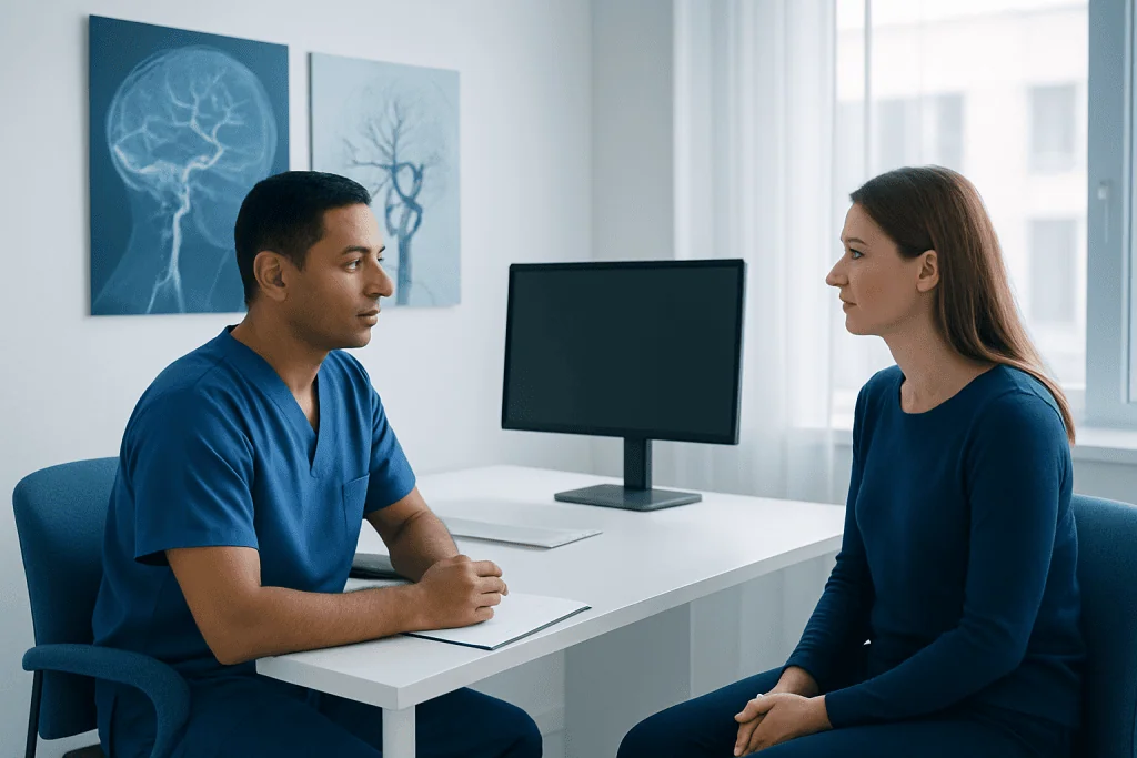 Doctor consulting with a female patient in a medical office.