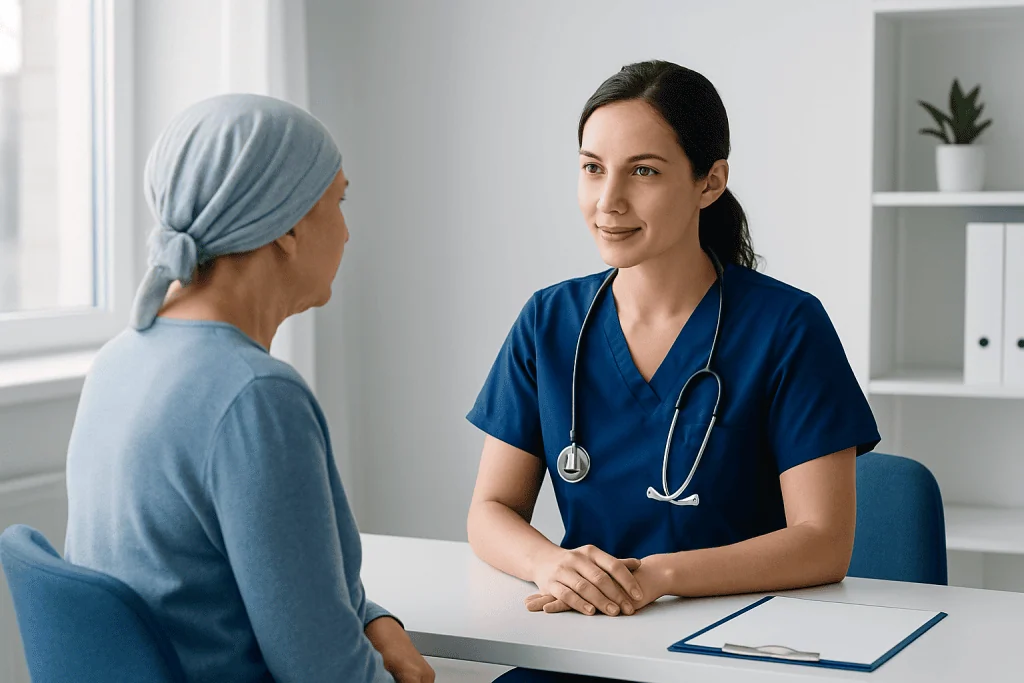 Nurse consulting with a patient in a hospital setting.