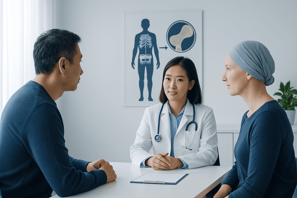 Doctor consulting with patient and companion in medical office.