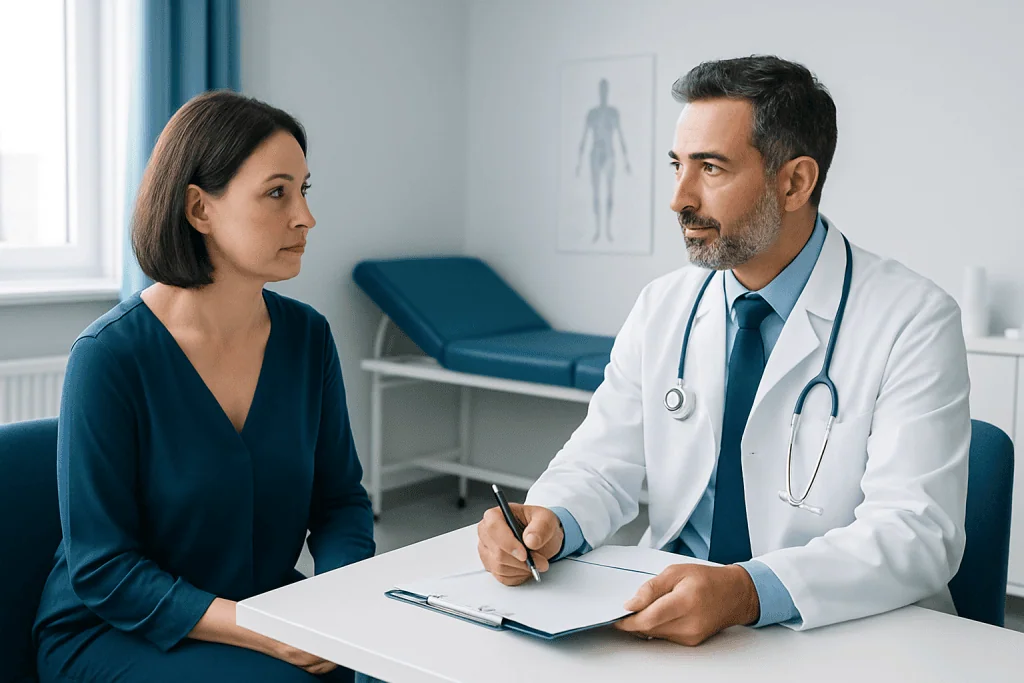 Doctor consulting with a female patient in a medical office.