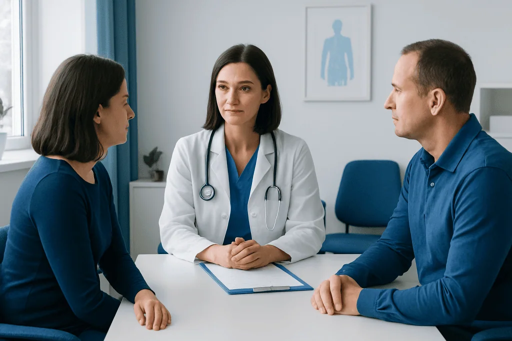 Doctor consulting with patients in a medical office setting.