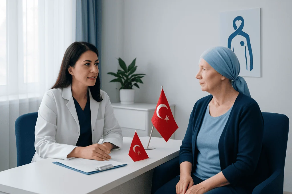 Doctor consulting with a female patient in a medical office in Turkey.