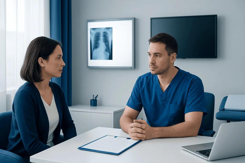 Doctor consulting with patient in a modern hospital room with X-ray images on the wall.