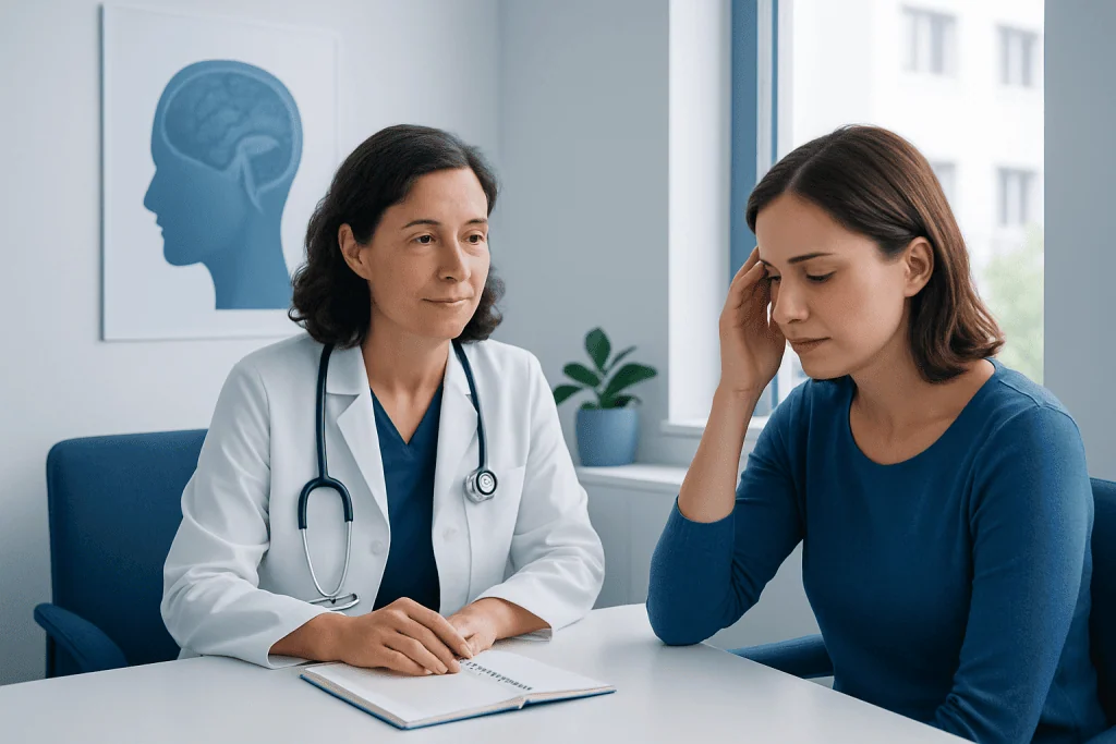 Doctor consulting with a patient about migraine symptoms in a medical office.