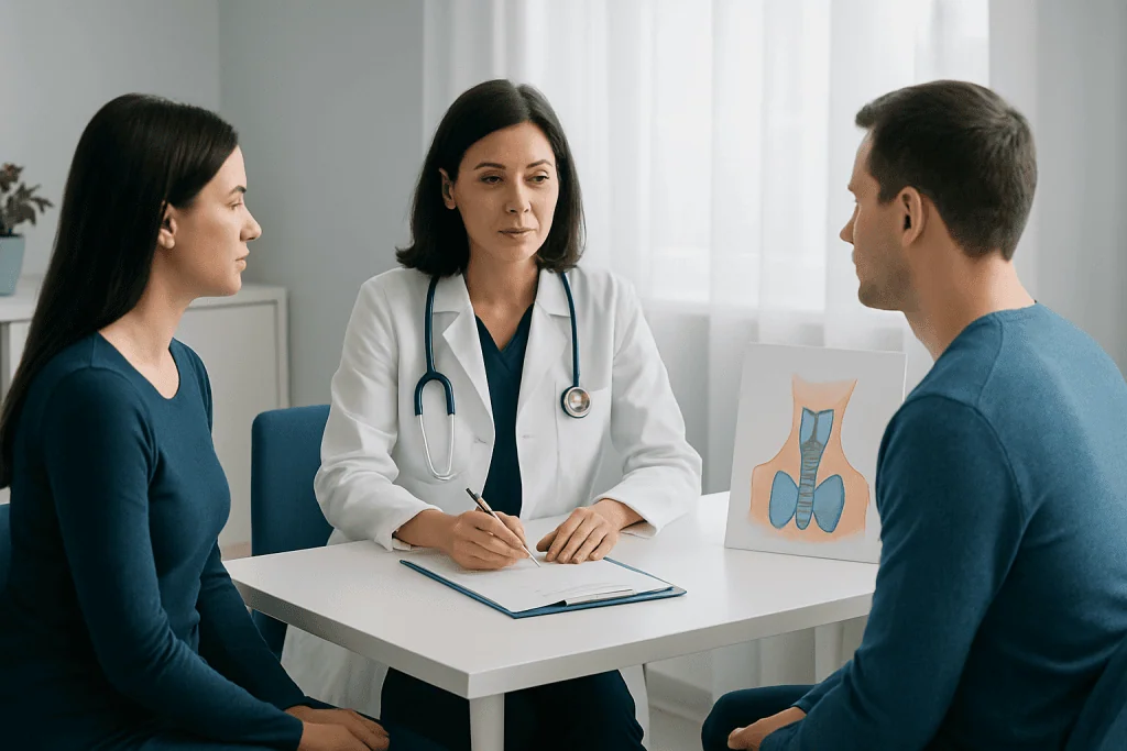 Doctor consulting with a patient about thyroid health and pregnancy planning.
