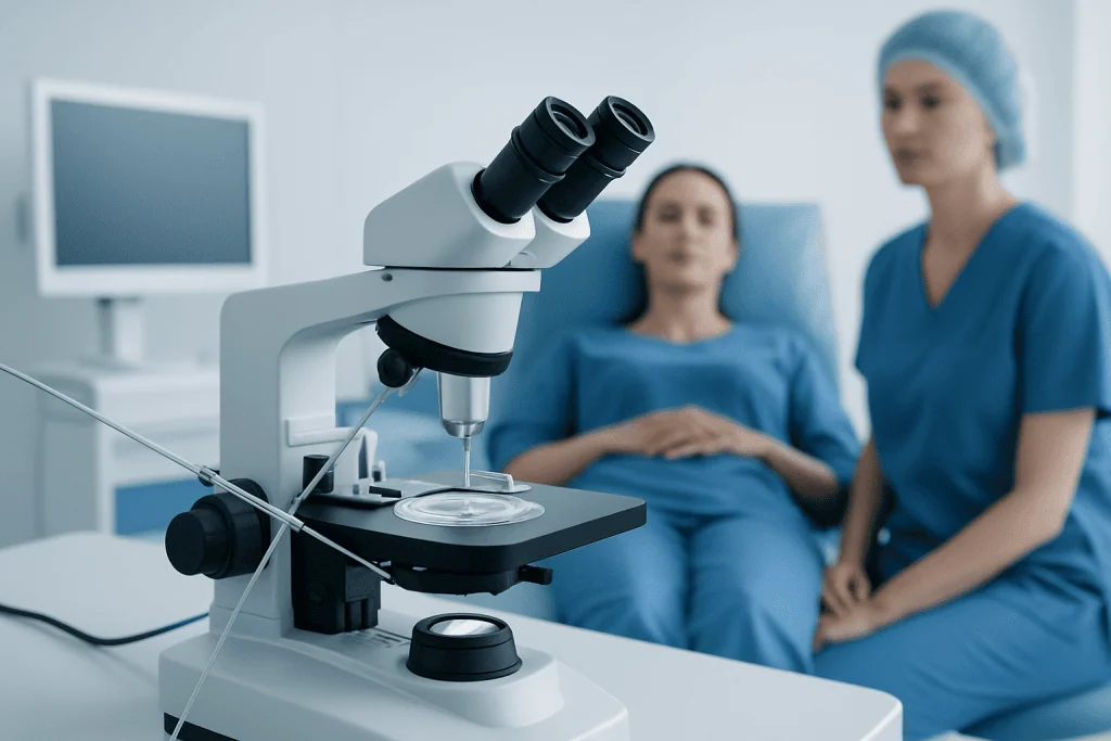 Microscope in a medical examination room with a patient and healthcare professional.