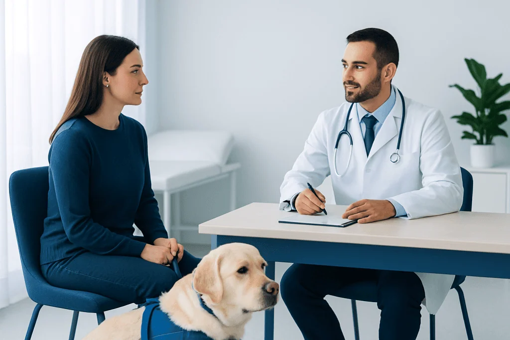 Doctor consulting with a woman and her service dog in a medical office.