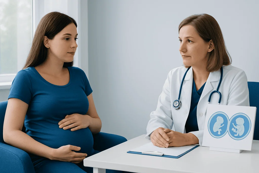 Doctor consulting with pregnant woman in a medical office.