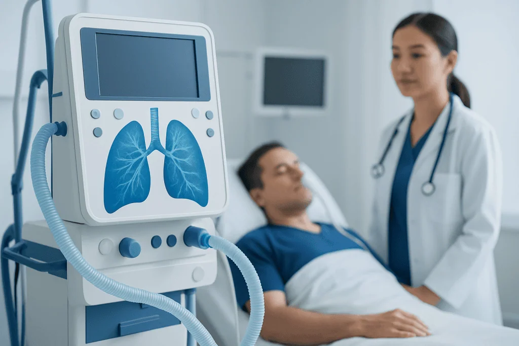 Medical ventilator displaying lung images in a hospital setting.