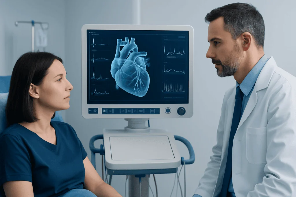 Doctor explaining heart health to a patient in a medical consultation room.