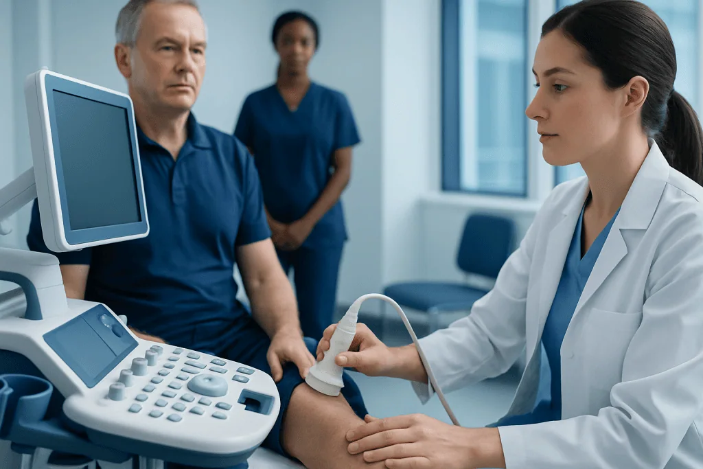 Medical professional performing nerve test on patient in hospital setting.