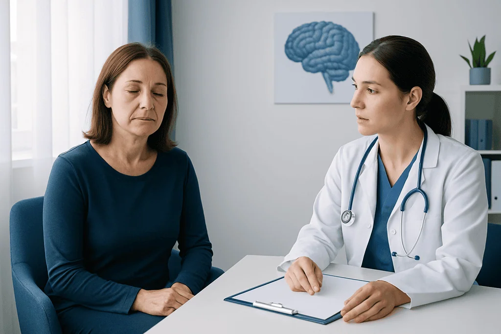 Doctor consulting with a patient about sleep disorders in a medical office.