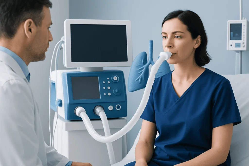 Doctor performing a pulmonary function test on a patient in a hospital.